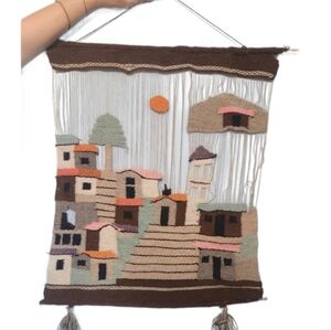 Peruvian Real Wool All Wool/wood‎ Handmade Woven Wall Hanging with Village Scene